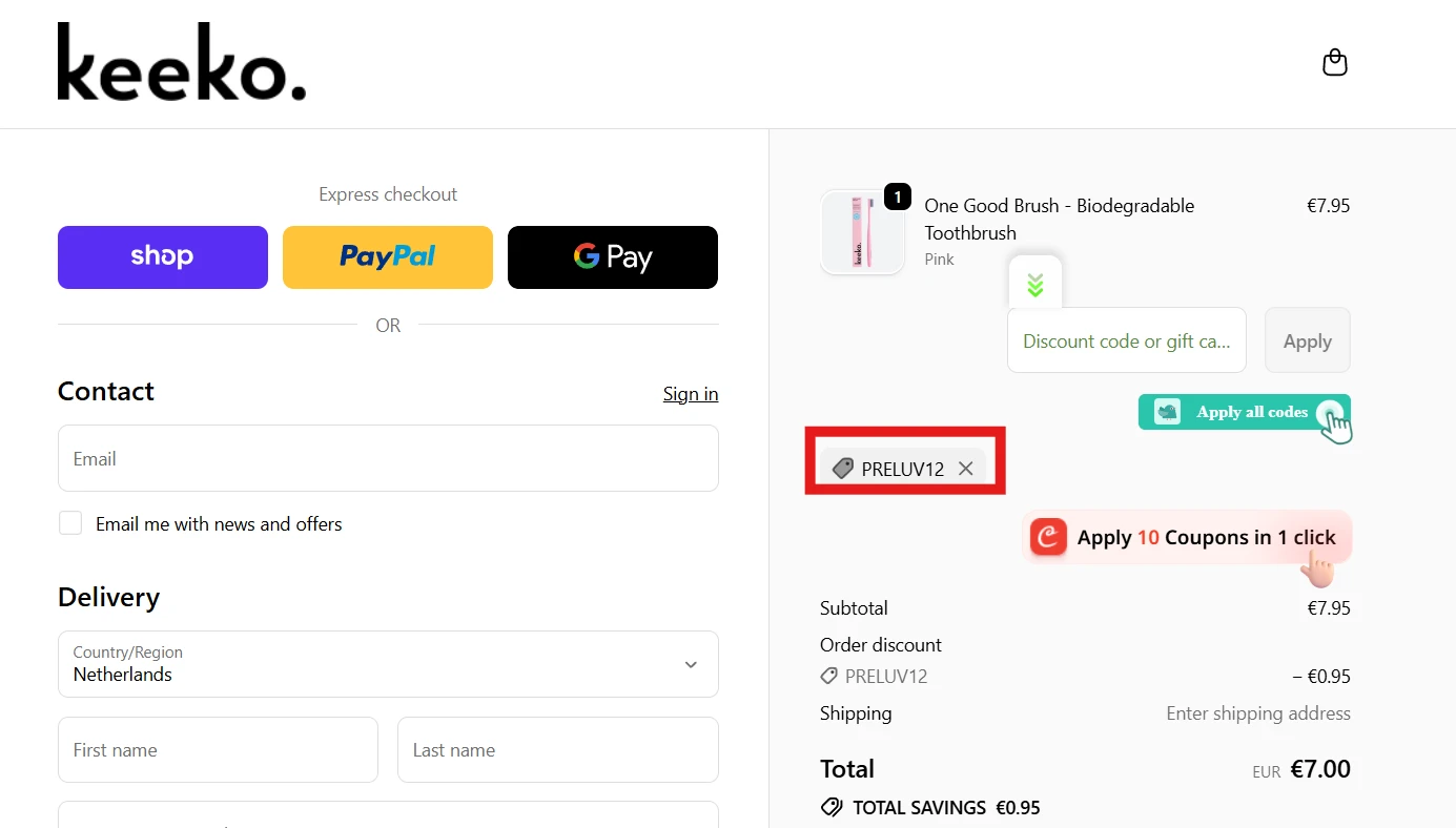 Keeko Oral Care discount code PRELUV12 verified checkout